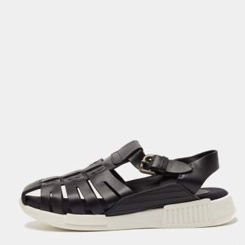 Pre Owned Dolce & Gabbana Black Leather Flat Sandals Size 31