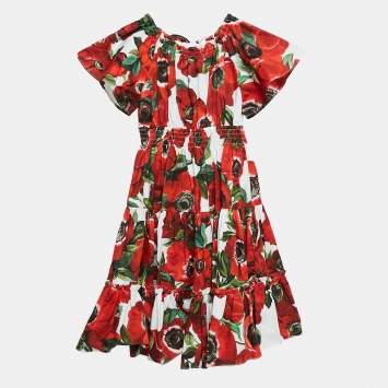 Pre Owned Dolce & Gabbana Red Floral Print Poplin Tiered Dress 24-30 M
