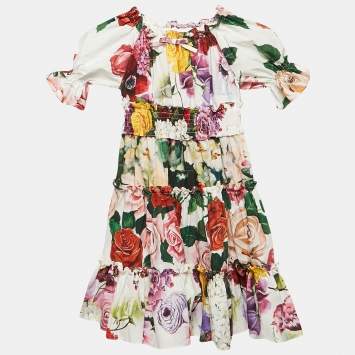 Pre Owned Dolce & Gabbana Kids White/Red Floral Print Poplin Tiered Dress 4 Yrs