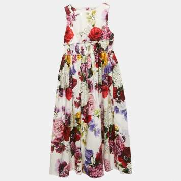 Pre Owned Dolce & Gabbana Kids White/Red Floral Print Poplin Shirring Midi Dress 11/12 Yrs