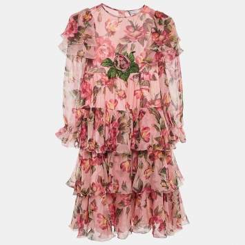 Pre Owned Dolce & Gabbana Pink Floral Print Silk Ruffled Dress 7/8 Yrs