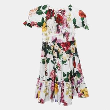 Pre Owned Dolce & Gabbana Kids Multicolor Floral Print Poplin Shirring Detail Dress 7/8 Yrs