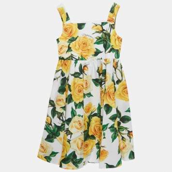 Pre Owned Dolce & Gabbana Kids Yellow Rose Print Poplin Dress 5 Yrs