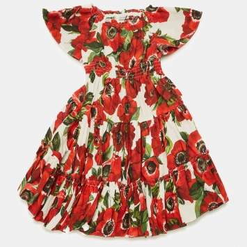 Pre Owned Dolce & Gabbana Kids Red Floral Print Poplin Tiered Dress 24-30M