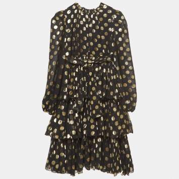 Pre Owned Dolce & Gabbana Black/Metallic Polka-Dot Chiffon Tiered Dress (9-10 Yrs)