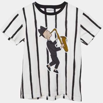 Pre Owned Dolce & Gabbana Kids Ivory Saxophonist Patch Striped Cotton T-Shirt 6Yrs