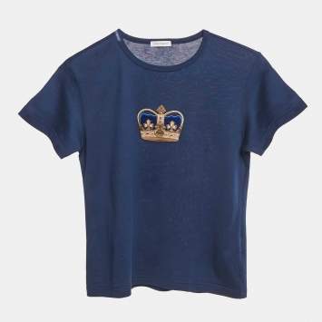 Pre Owned Dolce & Gabbana Blue Kings Crown Applique Cotton T-Shirt 7/8 Yrs 