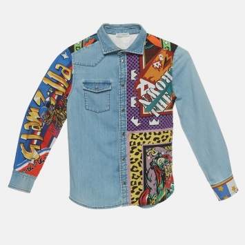 Pre Owned Dolce & Gabbana Kids Blue DG Super King Print Denim Shirt 7/8 Yrs