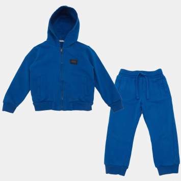 Pre Owned Dolce & Gabbana Blue Jersey Rubberized Logo Detail Hoodie and Pants Set 3-4 Yrs