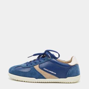 Pre Owned Dolce & Gabbana Blue Leather and Suede Low Top Sneakers Size 33