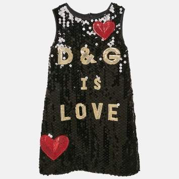 Pre Owned Dolce & Gabbana Black Sequin Logo Applique Detail Sleeveless Dress 5 Yrs