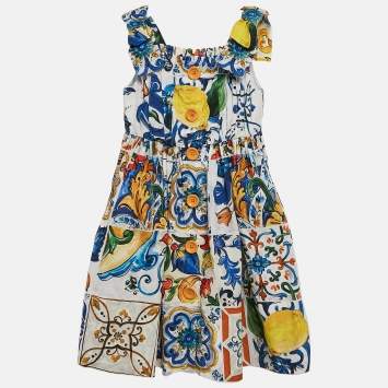 Pre Owned Dolce & Gabbana Kids White/Multicolor Majolica Print Cotton Dress 4 Yrs