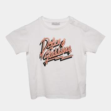 Pre Owned Dolce & Gabbana Kids White Logo Print Cotton Crew Neck T-Shirt 24-30 M