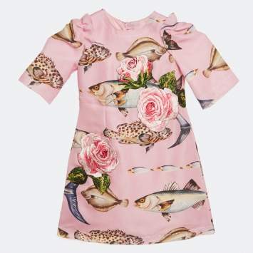 Pre Owned Dolce & Gabbana Kids Pink Fish Print Silk Floral Applique Detail Dress 4 Yrs