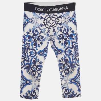 Pre Owned Dolce & Gabbana Kids White/Blue Printed Cotton Knit Pants 2 Yrs