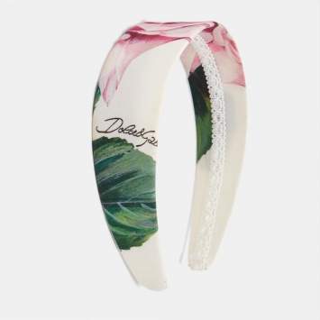 Pre Owned Dolce & Gabbana Kids White Rose Print Poplin Headband 