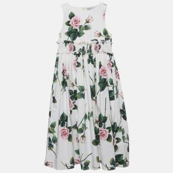 Pre Owned Dolce & Gabbana Kids White Floral Print Poplin Shirred Waist Midi Dress 11/12 Yrs