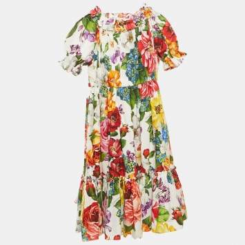 Dolce & Gabbana Kids Multicolor Floral Print Cotton Tiered Dress 11/12 Yrs