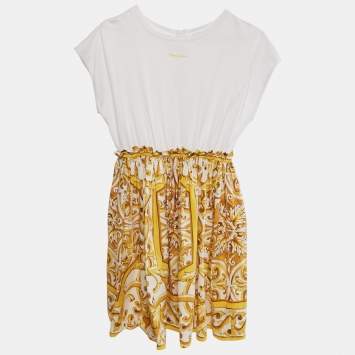 Pre Owned Dolce & Gabbana Kids Yellow Majolica Print Poplin and Jersey Dress 11/12 Yrs