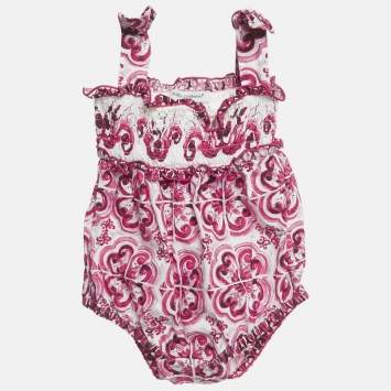Pre Owned Dolce & Gabbana Kids Pink Majolica Print Cotton Romper 0-3M