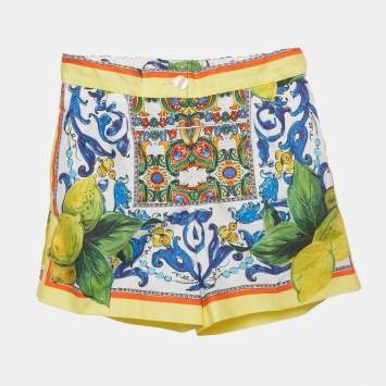 Pre Owned Dolce & Gabbana Kids Yellow/Blue Majolica Print Poplin Shorts 6Yrs