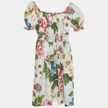 Pre Owned Dolce & Gabbana Kids Blue Floral Print Poplin Dress 11-12Yrs