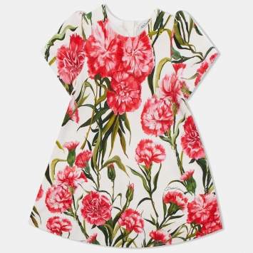 مملوكة مسبقًا Dolce & Gabbana White Carnation Printed Stretch Cotton Dress 12-18 months