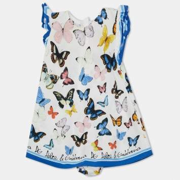 مملوكة مسبقًا Dolce & Gabbana Kids White Butterfly Print Cotton Dress Set 6-9M
