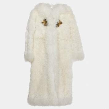 مملوكة مسبقًا Dolce & Gabbana White Lamb Fur Apllique Detail Coat 7-8 Years