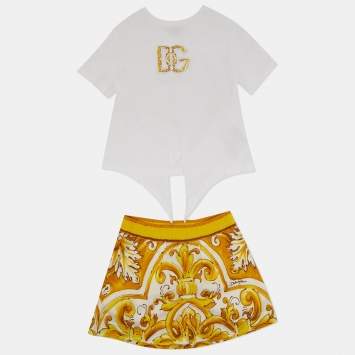 Pre Owned Dolce & Gabbana Kids White/Yellow Majolica Print Jersey and Poplin Set 4Yrs