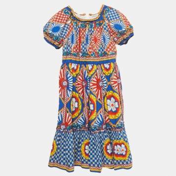 مملوكة مسبقًا Dolce & Gabbana Multicolour Carretto Print Cotton Puff Sleeve Dress 11/12 Yrs
