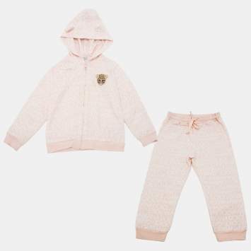 مملوكة مسبقًا Dolce & Gabbana Pink Monogram Pattern Leopard Patch Hoodie and Pant Set 2-3 Yrs