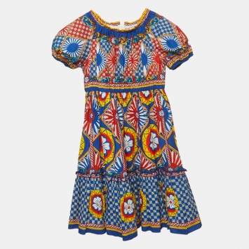 مملوكة مسبقًا Dolce & Gabbana Kids Multicolour Carretto Print Cotton Flared Dress 7/8 Yrs