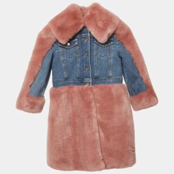 Pre Owned Dolce & Gabbana Kids Peach/Blue Denim & Fur Jacket Dress 3 Yrs 