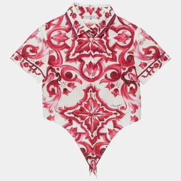 Pre Owned Dolce & Gabbana Kids White/Pink Majolica Print Cotton Top & Skirt Set 7/8 Yrs