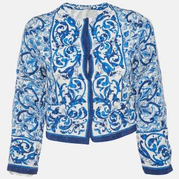 Pre Owned Dolce & Gabbana White/Blue Majolica Print Silk Blend Crop Jacket 11-12 Yrs