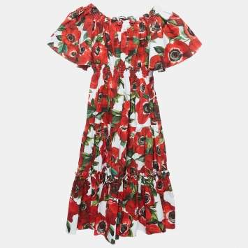 Pre Owned Dolce & Gabbana White/Red Floral Print Cotton Poplin Dress (7-8 Yrs)