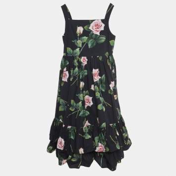 Pre Owned Dolce & Gabbana Black Rose Print Cotton Poplin Dress (11-12 Yrs)