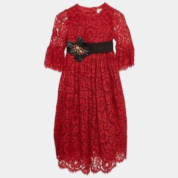 Pre Owned Dolce & Gabbana Red Lace Bow Detail Dress (6 Yrs)