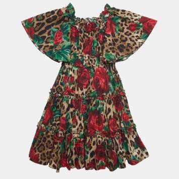 Pre Owned Dolce & Gabbana Brown Rose Leopard Print Cotton Poplin Dress (6 Yrs)