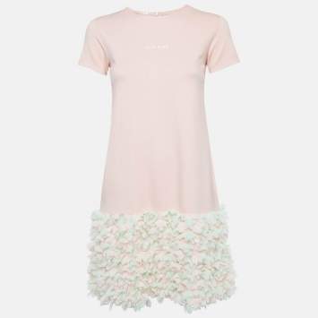 Pre Owned Elie Saab Pink Floral Chiffon Trim Jersey Mini Dress 12 Yrs 