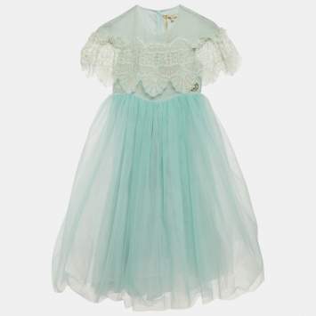 Pre Owned Elie Saab Junior Mint Green Lurex Lace Trim Tulle Dress 8 Yrs