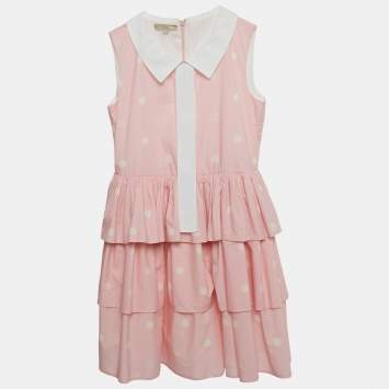 Pre Owned Elie Saab Kids Pink Polka Dots Cotton Tiered Dress 12Yrs