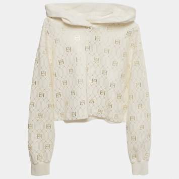 Pre Owned Elisabetta Franchi Kids White Foil Logo Print Cotton Cropped Hoodie 12+ Yrs