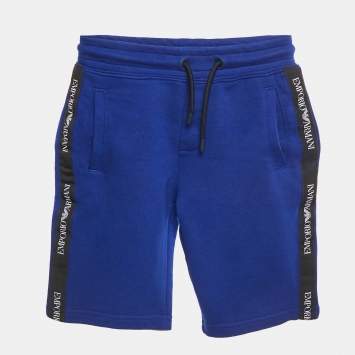 Pre Owned Emporio Armani Kids Blue Logo Band Trim Cotton Jersey Shorts 6 Yrs 