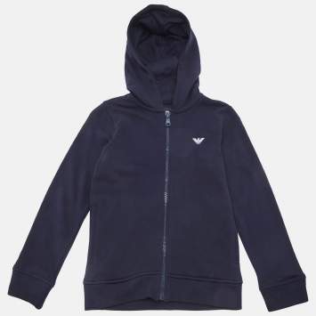 Pre Owned Emporio Armani Kids Navy Blue Logo Trim Cotton Knit Hooded Jacket 8 Yrs