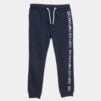 Pre Owned Emporio Armani Kids Navy Blue Logo Side Cotton Knit Sweatpants 7 Yrs