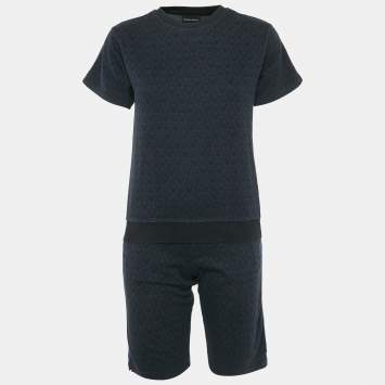Pre Owned Emporio Armani Navy Blue All Over Eagle Print Cotton Knit T-Shirt & Shorts Set 12Yrs