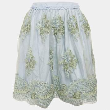 Pre Owned Ermanno Scervino Blue Embroidered Tulle Ruffled Skirt 10 Yrs