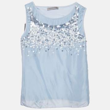 Pre Owned Ermanno Scervino Blue Sequin Crepe and Cotton Knit Sleeveless Top 10 Yrs